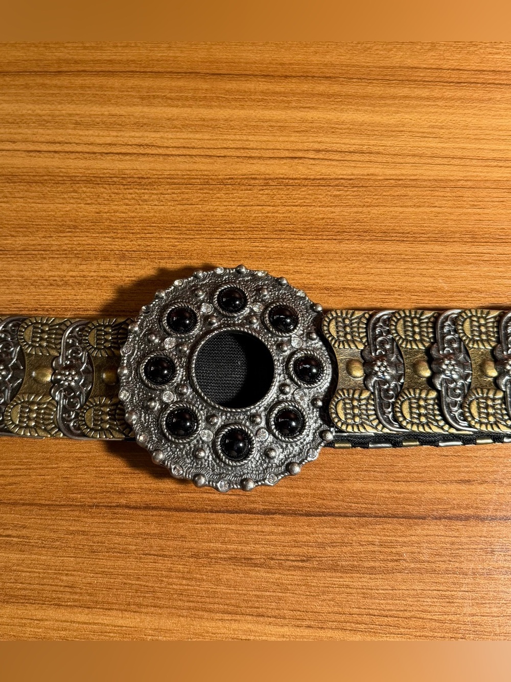 Vintage M 29" Silver Metal Stretch Belt Boho Fish Scale Ornate Stone Buckle 80s